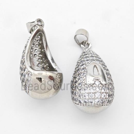 Copper Teardrop Pendant Pave Zirconia Letter-A Hollow Platinum Plated