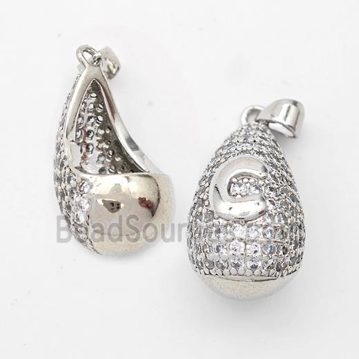 Copper Teardrop Pendant Pave Zirconia Letter-C Hollow Platinum Plated