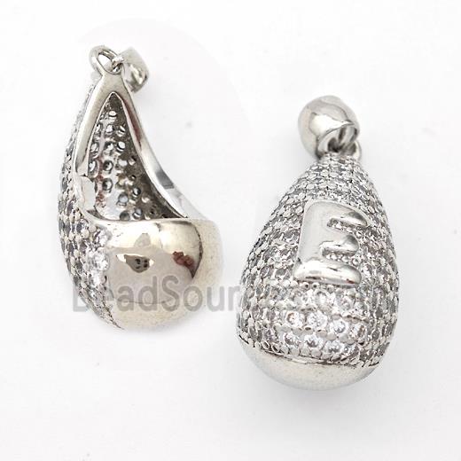 Copper Teardrop Pendant Pave Zirconia Letter-E Hollow Platinum Plated