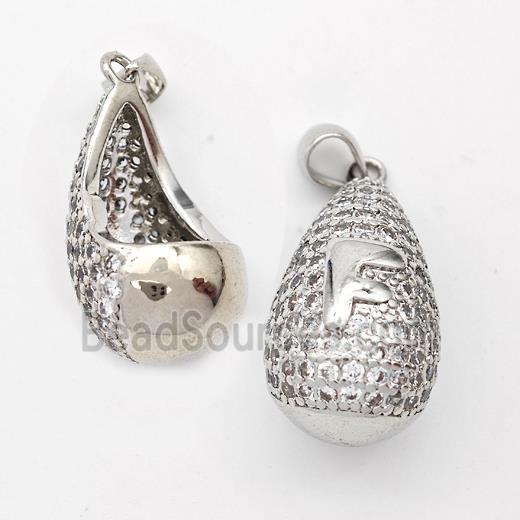 Copper Teardrop Pendant Pave Zirconia Letter-F Hollow Platinum Plated