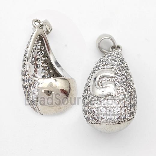 Copper Teardrop Pendant Pave Zirconia Letter-G Hollow Platinum Plated