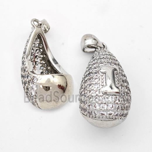 Copper Teardrop Pendant Pave Zirconia Letter-I Hollow Platinum Plated