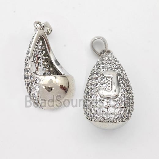 Copper Teardrop Pendant Pave Zirconia Letter-J Hollow Platinum Plated