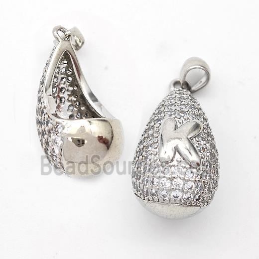 Copper Teardrop Pendant Pave Zirconia Letter-K Hollow Platinum Plated