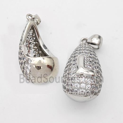 Copper Teardrop Pendant Pave Zirconia Letter-L Hollow Platinum Plated