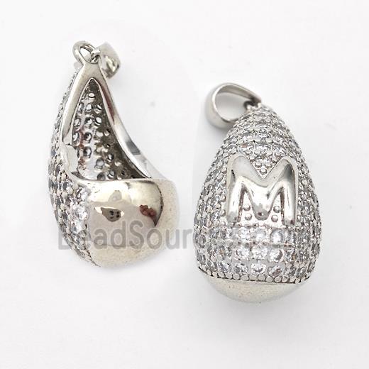 Copper Teardrop Pendant Pave Zirconia Letter-M Hollow Platinum Plated