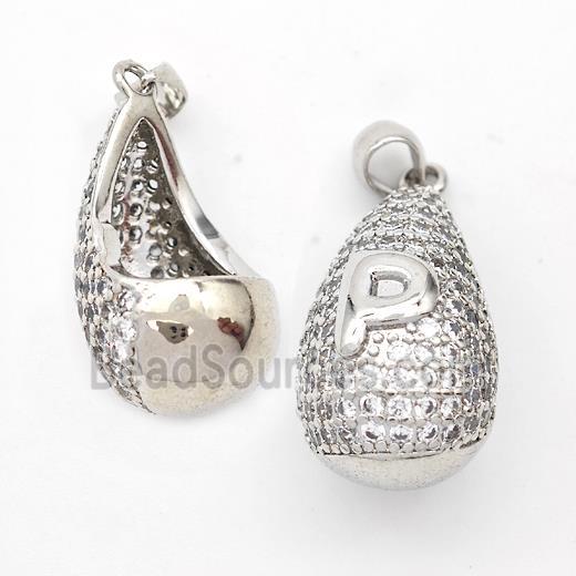 Copper Teardrop Pendant Pave Zirconia Letter-P Hollow Platinum Plated