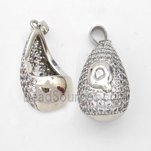 Copper Teardrop Pendant Pave Zirconia Letter-Q Hollow Platinum Plated