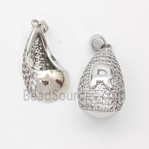 Copper Teardrop Pendant Pave Zirconia Letter-R Hollow Platinum Plated