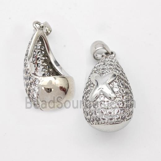 Copper Teardrop Pendant Pave Zirconia Letter-X Hollow Platinum Plated