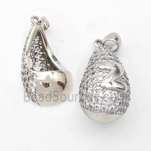 Copper Teardrop Pendant Pave Zirconia Letter-Z Hollow Platinum Plated