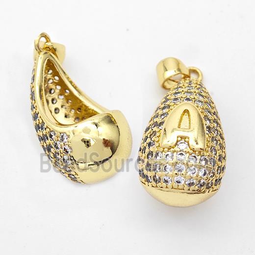 Copper Teardrop Pendant Pave Zirconia Letter-A Hollow Gold Plated