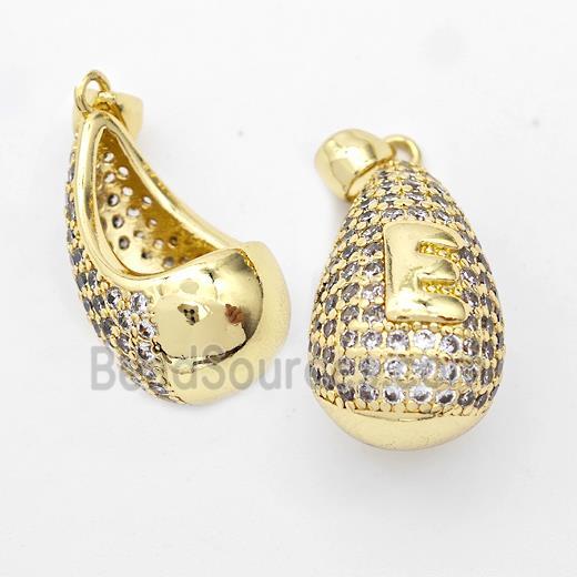 Copper Teardrop Pendant Pave Zirconia Letter-E Hollow Gold Plated