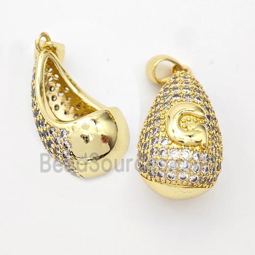 Copper Teardrop Pendant Pave Zirconia Letter-G Hollow Gold Plated