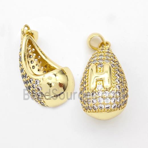 Copper Teardrop Pendant Pave Zirconia Letter-H Hollow Gold Plated