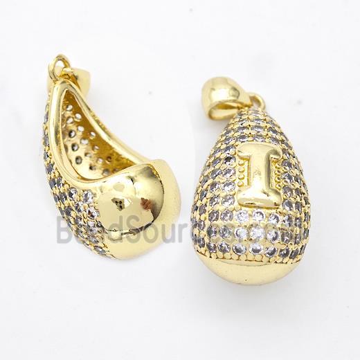 Copper Teardrop Pendant Pave Zirconia Letter-I Hollow Gold Plated