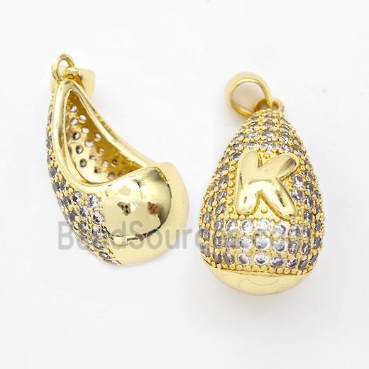 Copper Teardrop Pendant Pave Zirconia Letter-K Hollow Gold Plated