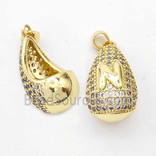 Copper Teardrop Pendant Pave Zirconia Letter-N Hollow Gold Plated