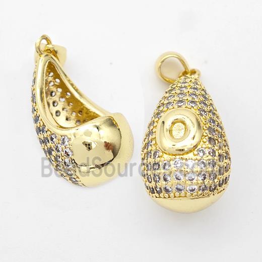 Copper Teardrop Pendant Pave Zirconia Letter-O Hollow Gold Plated