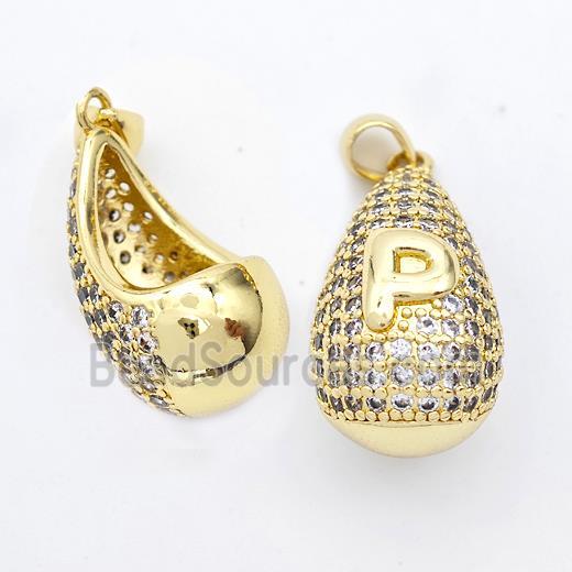 Copper Teardrop Pendant Pave Zirconia Letter-P Hollow Gold Plated