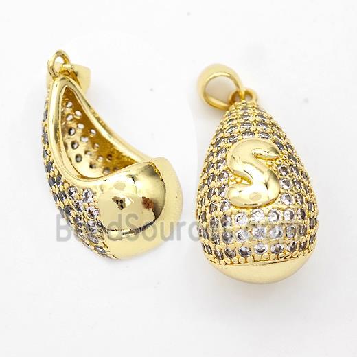 Copper Teardrop Pendant Pave Zirconia Letter-S Hollow Gold Plated