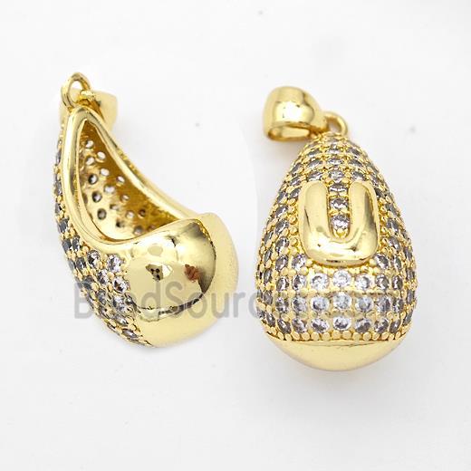 Copper Teardrop Pendant Pave Zirconia Letter-U Hollow Gold Plated