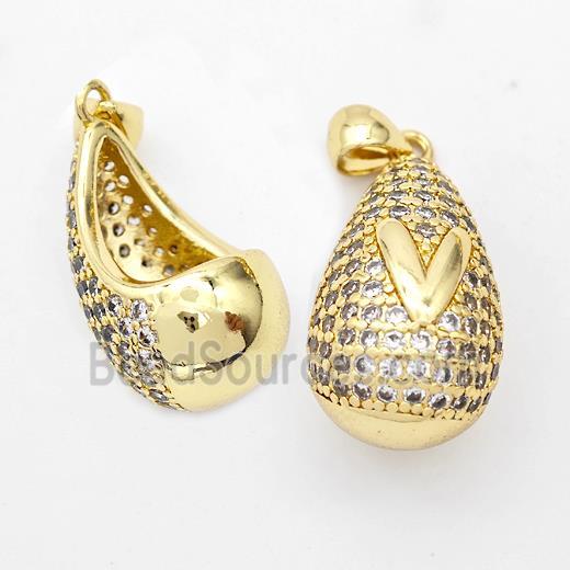 Copper Teardrop Pendant Pave Zirconia Letter-V Hollow Gold Plated