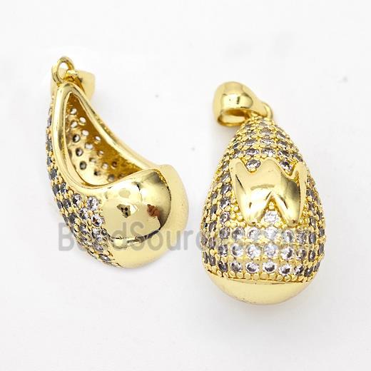 Copper Teardrop Pendant Pave Zirconia Letter-W Hollow Gold Plated