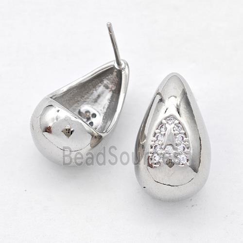 Copper Teardrop Stud Earring Pave Zirconia Letter-A Platinum Plated