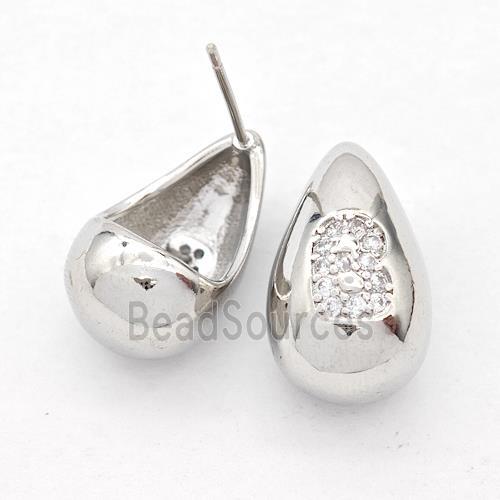 Copper Teardrop Stud Earring Pave Zirconia Letter-B Platinum Plated