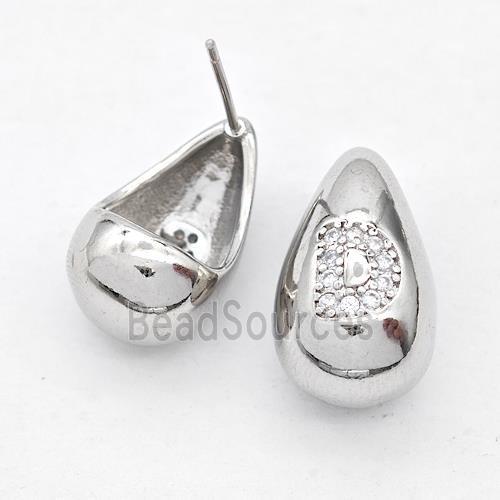 Copper Teardrop Stud Earring Pave Zirconia Letter-D Platinum Plated