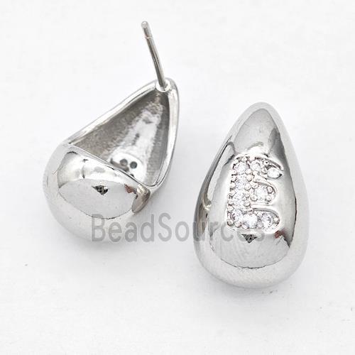 Copper Teardrop Stud Earring Pave Zirconia Letter-E Platinum Plated