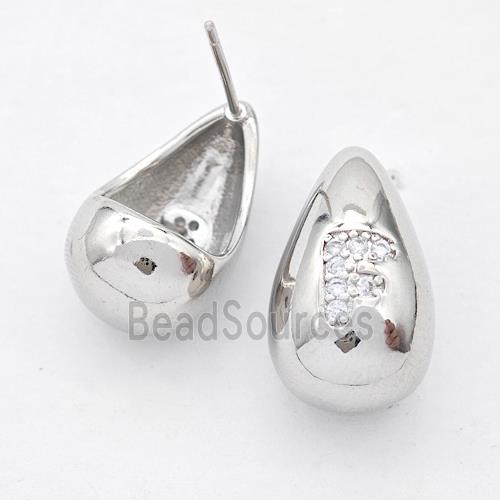 Copper Teardrop Stud Earring Pave Zirconia Letter-F Platinum Plated