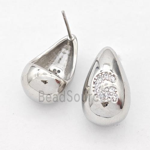 Copper Teardrop Stud Earring Pave Zirconia Letter-G Platinum Plated