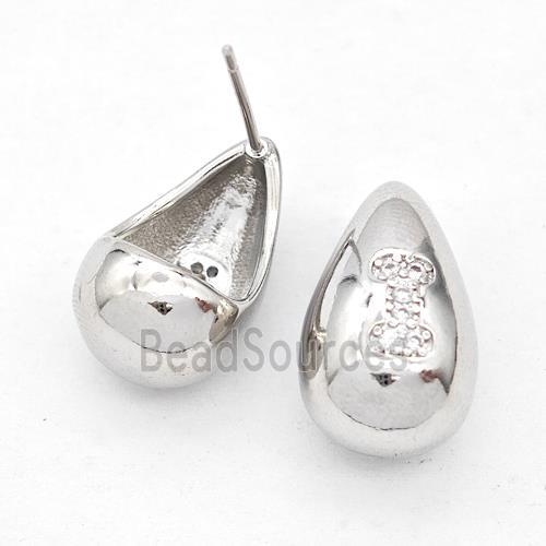 Copper Teardrop Stud Earring Pave Zirconia Letter-I Platinum Plated