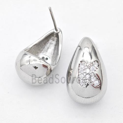 Copper Teardrop Stud Earring Pave Zirconia Letter-K Platinum Plated