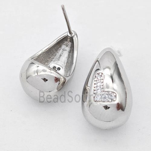 Copper Teardrop Stud Earring Pave Zirconia Letter-L Platinum Plated