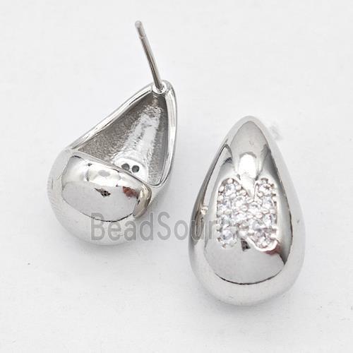 Copper Teardrop Stud Earring Pave Zirconia Letter-N Platinum Plated