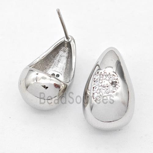 Copper Teardrop Stud Earring Pave Zirconia Letter-P Platinum Plated