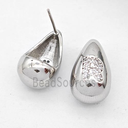 Copper Teardrop Stud Earring Pave Zirconia Letter-R Platinum Plated