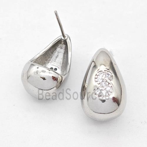 Copper Teardrop Stud Earring Pave Zirconia Letter-S Platinum Plated