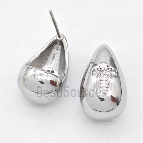 Copper Teardrop Stud Earring Pave Zirconia Letter-T Platinum Plated