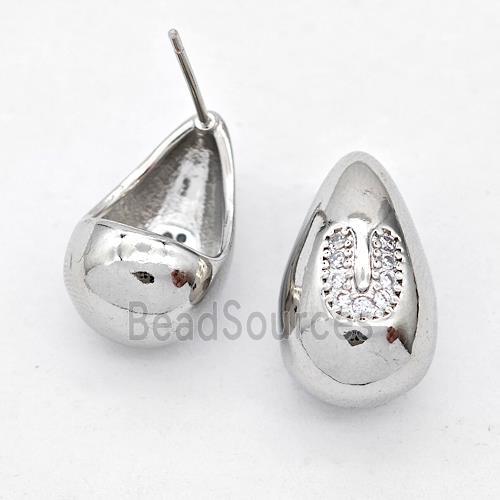 Copper Teardrop Stud Earring Pave Zirconia Letter-U Platinum Plated