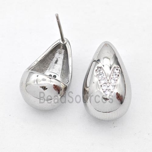 Copper Teardrop Stud Earring Pave Zirconia Letter-V Platinum Plated