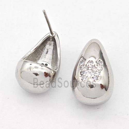 Copper Teardrop Stud Earring Pave Zirconia Letter-W Platinum Plated