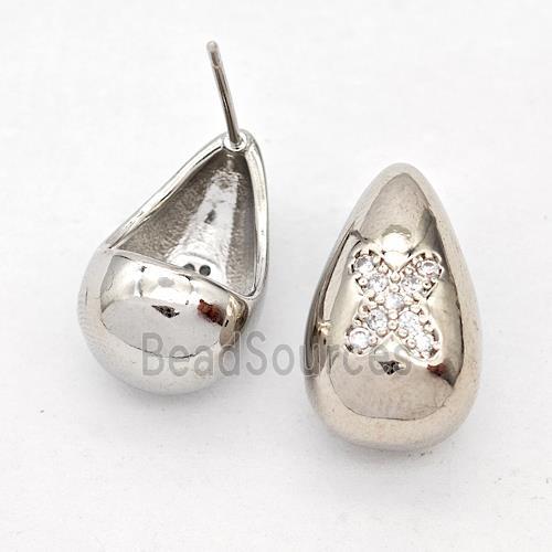 Copper Teardrop Stud Earring Pave Zirconia Letter-X Platinum Plated