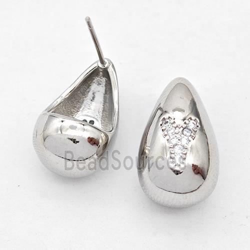 Copper Teardrop Stud Earring Pave Zirconia Letter-Y Platinum Plated