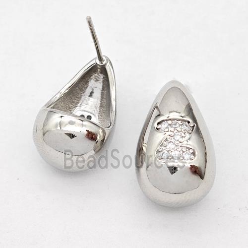 Copper Teardrop Stud Earring Pave Zirconia Letter-Z Platinum Plated