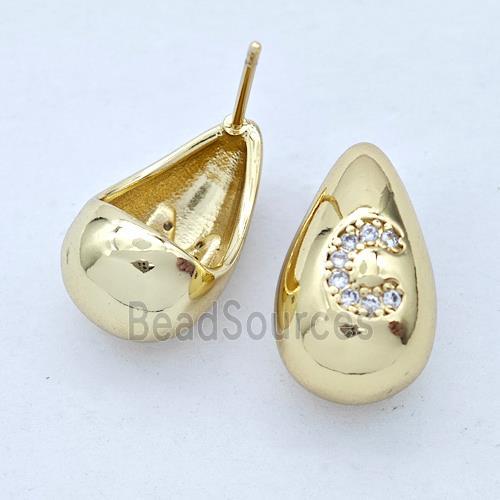 Copper Teardrop Stud Earring Pave Zirconia Letter-C Gold Plated