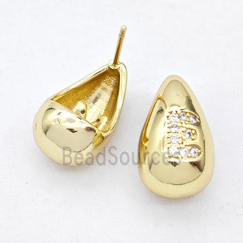 Copper Teardrop Stud Earring Pave Zirconia Letter-E Gold Plated